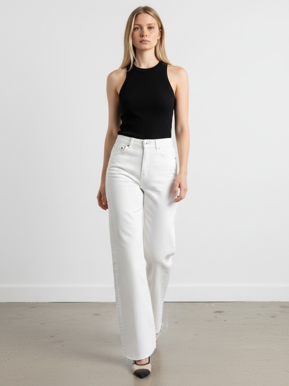 1529 • Soft Stretch Off-White High Waist Wide Leg Raw Edge Jeans